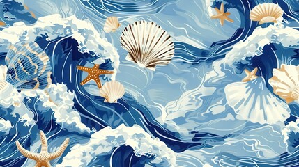Wall Mural - colorful seashells and starfish float amidst swirling ocean waves under bright sunlight