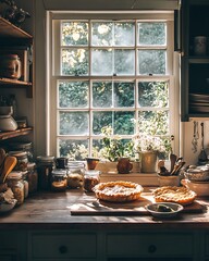 1. A warm, vintage-style kitchen with sunlight streaming through a large window onto a wooden table, displaying an array of freshly baked pies, rustic pottery, and jars of homemade preserves