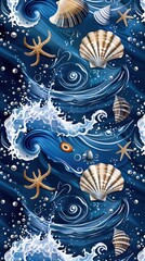 Wall Mural - a lively design showcasing seashells and starfish among swirling ocean waves and bubbles