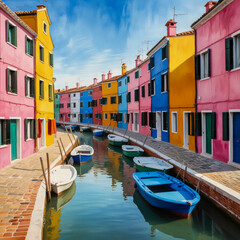 Poster - Watercolor illustration of Burano Island in the Venetian Lagoon during the autumn season. The scene highlight the island’s colorful, vividly painted houses lining the canals