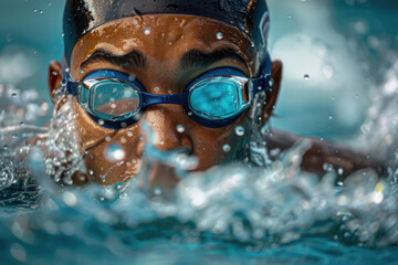 Wall Mural - A close-up shot of an athlete swimming in the pool