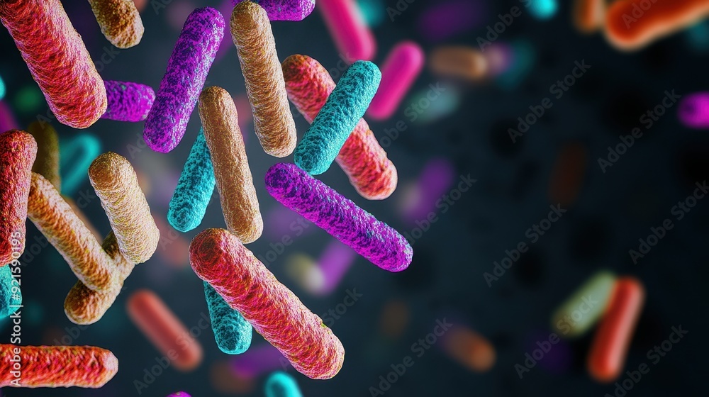 Microscopic bacteria with fluorescent staining, glowing colors ...