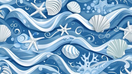 Wall Mural - swirls of blue and white emulate ocean waves, adorned with seashells and starfish for a coastal aest
