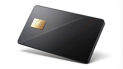 Sleek black credit card isolated on a white background,gold chip and magnetic stripe visible, symbolizing financial freedom and modern payment methods.