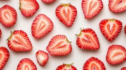 Canvas Print - A Flat Lay of Sliced Strawberries on White Background