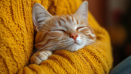 Poster - Cute kitten sleeping on fluffy sofa, comfortable indoors generated by AI