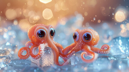 Wall Mural - two cute baby octopus with big eyes and smiling faces, orange color body and pink tentacles covered in white pearls, sitting on ice cube.