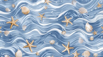 Wall Mural - colorful seashells and starfish float atop a vibrant blue ocean wave pattern