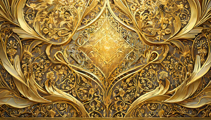 Wall Mural - thai pattern.a modern gold patterned structured background with sharp, angular structural patterns etched into the golden wall. The design should convey a sense of precision and contemporary luxury.