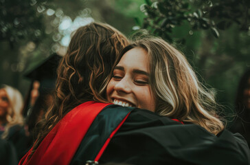 Wall Mural - Two young women hugging at their graduation ceremony, wearing caps and gowns with tassels, smiling joyfully in front of friends, family, and school board members