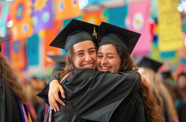 Wall Mural - Two young women hugging at their graduation ceremony, wearing caps and gowns with tassels, smiling joyfully in front of friends, family, and school board members