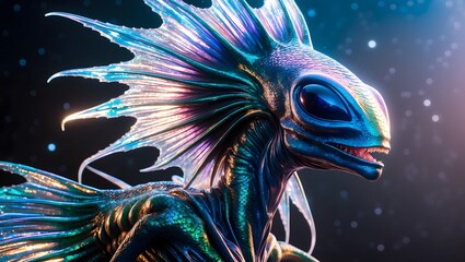 Vibrant, bioluminescent alien creature with fin-like appendages in a cosmic setting