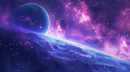 a stunning cosmic scene featuring a vibrant purple and blue nebula, with a large planet in the foreg