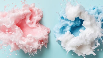 Poster - Soft pastel pink and blue water waves splash playfully, creating a calming and whimsical effect against a light background