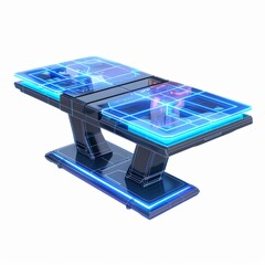 3D Render, Low Poly style of a futuristic cyberpunk dining table with holographic display, on isolated white background