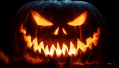 Canvas Print - Spooky pumpkin lantern glowing in the dark night generated by AI