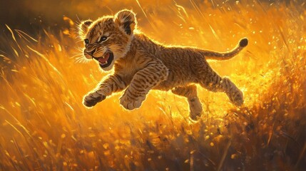 Poster - Lion Cub Leaping Through Golden Grass at Sunset