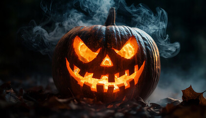 Poster - Spooky pumpkin glowing in dark Halloween night flame generated by AI