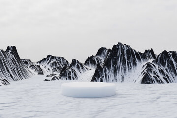 Wall Mural - 3d render winter platform and natural mockup background, stone podium on the ice snow mountain, back