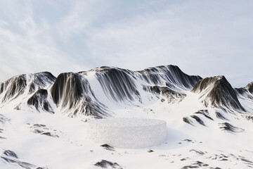 Wall Mural - 3d render winter platform and natural mockup background, stone podium on the ice snow mountain, back
