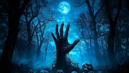 Wall Mural - spooky night in dark forest, moonlight silhouette fear generated by ai