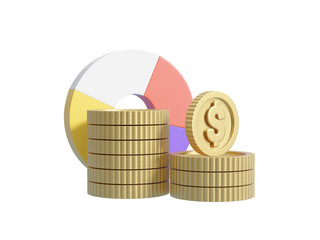 Sticker - 3D illustration showing statistics icons and coins Isolated on transparent background. It symbolizes the connection between data analysis and financial success.