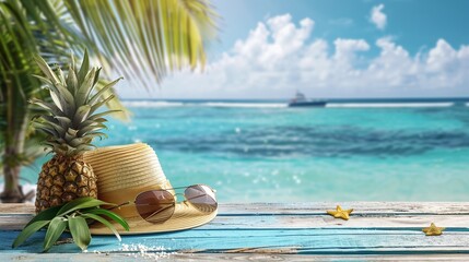 Capture the essence of a laid-back summer lifestyle with caps, sunglasses, and the serene water coastline, all set against a crisp white background.