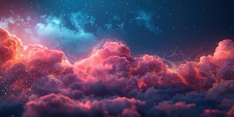 Wall Mural - Abstract Night Sky with Glowing Clouds and Connected Lines