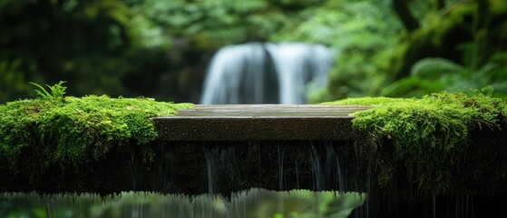 Mosscovered table with blurred waterfall, earthy and tranquil, Natural Surface Table, Forest Retreat