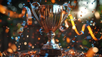 Poster - Shiny trophy surrounded by colorful streamers and confetti in a festive outdoor setting during a celebration