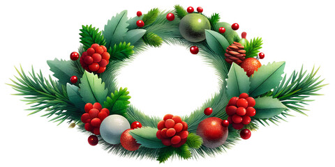 Wall Mural - Extended Christmas Wreath with Red Berries and Pine Cones - Festive Garland PNG. Red Christmas Hat with White Fur Trim