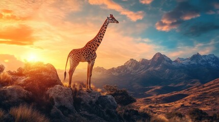 Poster - Giraffe Standing on a Rocky Outcrop at Sunset with Mountains in the Background