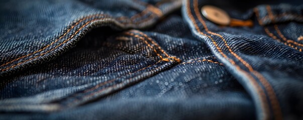 Close-up of Denim Fabric with Orange Stitching