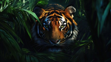 Sticker - A Tiger Peering Through Lush Green Foliage