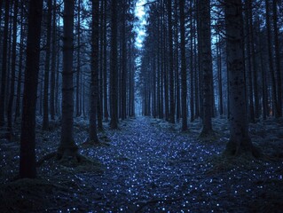 Poster - A tranquil retreat into a lively forest adorned with ancient trees and glowing fungi, offering a magical experience as twilight descends.