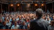© Рудой Максим - Audience listening attentively to a speaker during a conference in an ornate hall filled with bright lights
