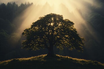 Poster - In a surreal landscape, ancient trees rise majestically, enveloped in the soft embrace of morning sunbeams that dance gracefully through the lingering mist.