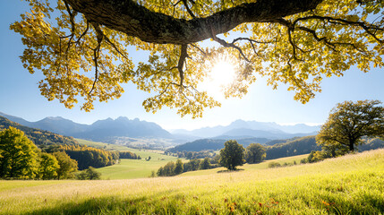 Wall Mural - Picturesque Mountain Landscape with Golden Autumn Leaves Framed by a Tree Branch