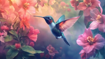 Sticker - Hummingbird in Flight Amongst Pink Flowers