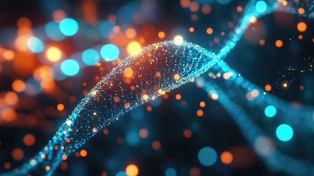 Glowing patterns of biological data with vibrant lights, featuring space for text
