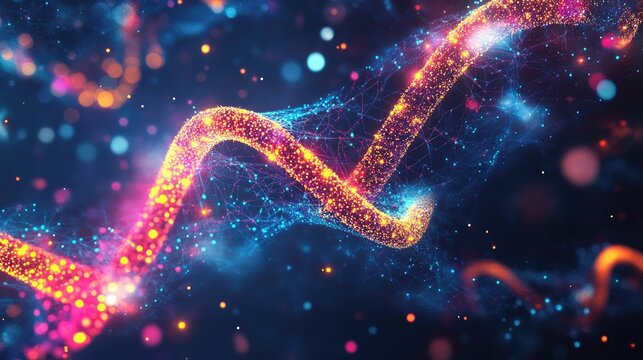 Glowing patterns of biological data with vibrant lights, featuring space for text