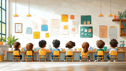 High-resolution vector of a classroom with students engaged in different learning activities, highlighting educational diversity.