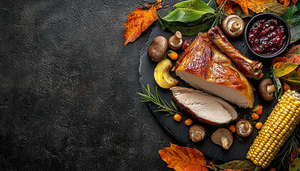 Poster - Grilled meat on rustic table with autumn vegetables generated by AI