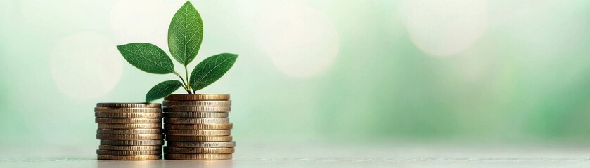 A green plant growing from stacked coins, symbolizing growth, investment, and financial prosperity in a serene background.