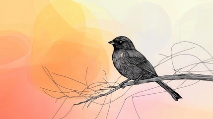 Wall Mural - minimalist abstract line drawing of a bird perched on a branch, with a soft-focus background for tex