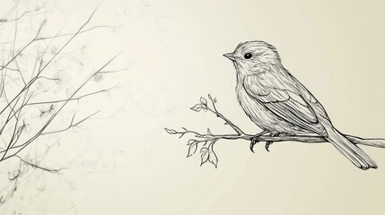Wall Mural - minimalist abstract line drawing of a bird perched on a branch, with a soft-focus background for tex
