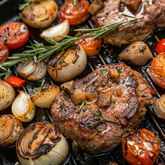 Wall Mural - Meat and vegetables roasted on grill pan 