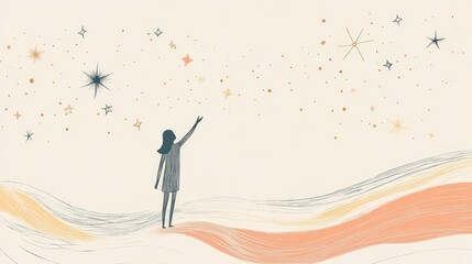 Poster - Minimalist abstract line drawing of a person reaching for the stars, with a softly colored background suitable for text