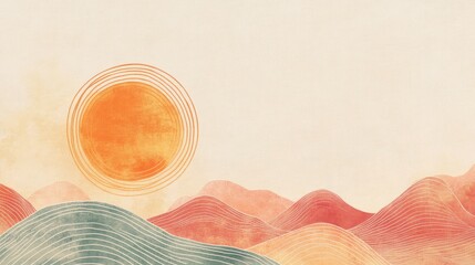 Aufkleber - Minimalist abstract line drawing of a sun, with a soft pastel background that includes space for text