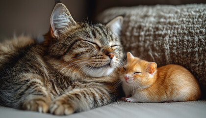 Wall Mural - Cute kitten sleeping on fluffy bed, charming portrait generated by AI